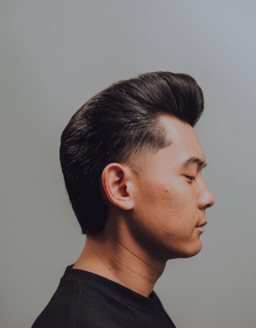 Pompadour with a taper fade at Dino's Barbershop, Normal Heights San Diego